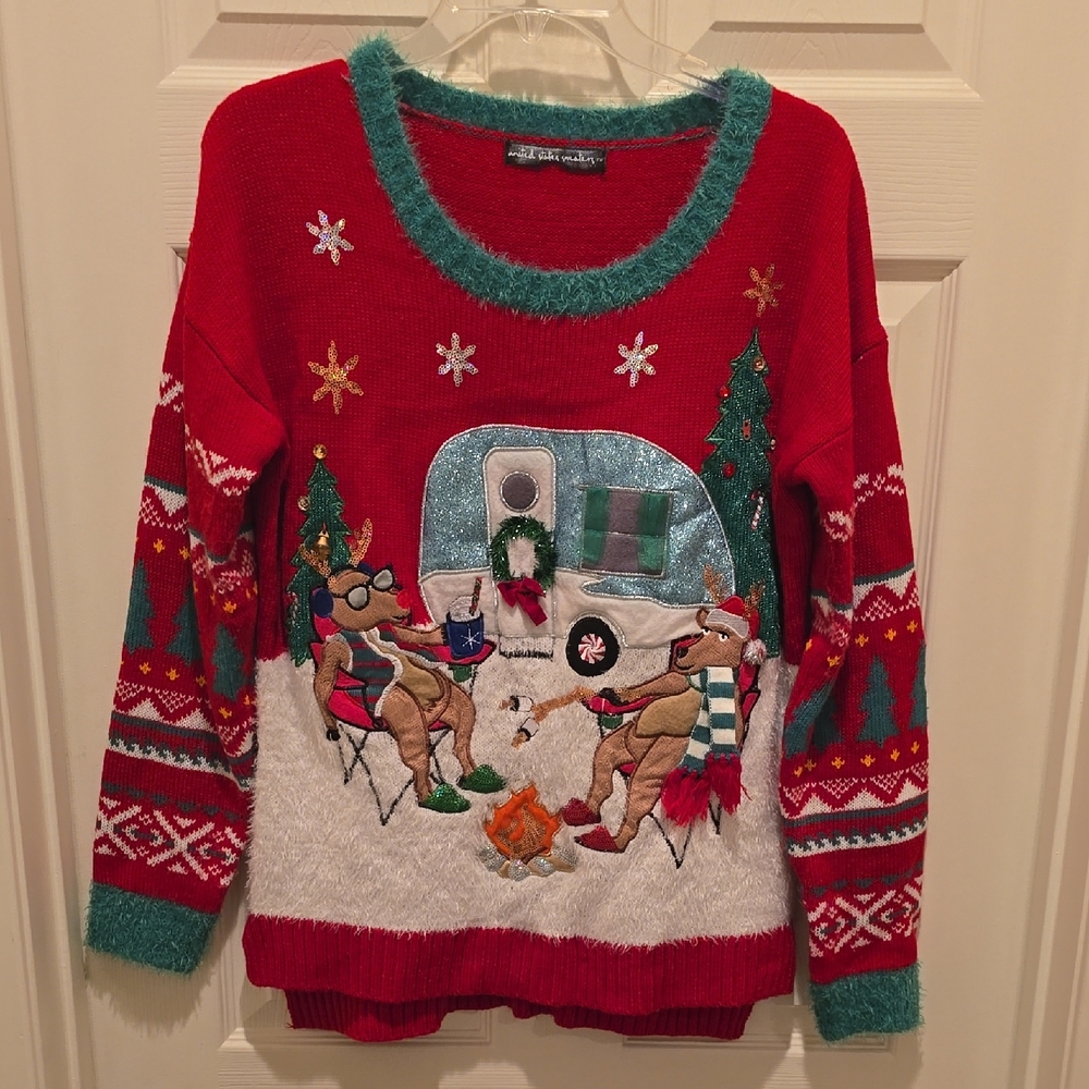 Christmas Holiday Women's Sweater with Reindeer and Vintage Camper Red